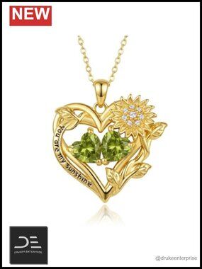 14K Gold Plated Sunflower Birthstone Pendant Necklace with Two Heart-Shaped